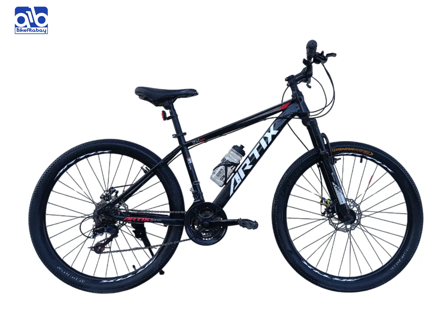 دوچرخه آرتیکس سایز 26 مشکی، 21 سرعته، ترمز دیسکی، شانژمان شیمانو TZ همراه جک و قمقمه - تصویر 1